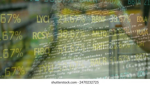Image of financial data processing over shop. Global business, finances, computing and data processing concept digitally generated image.