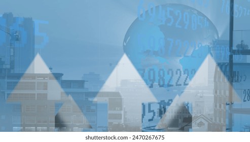 Image of financial data processing over business people walking in office. Global business finances and data processing concept digitally generated image.