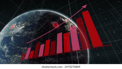 Image of financial data processing over globe. Global business, finances, computing and data processing concept digitally generated image.
