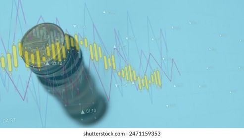Image of financial data processing over money on blue background. Global business, finance and economic crisis concept digitally generated image.