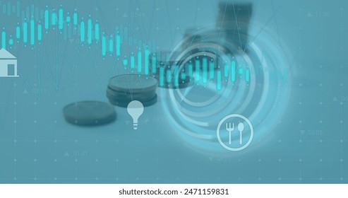 Image of financial data processing over money on blue background. Global business, finance and economic crisis concept digitally generated image.