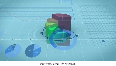 Image of financial data processing over financial graphs on blue background. Global business, finance and economic crisis concept digitally generated image.