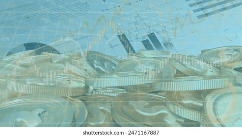 Image of financial data processing over money on blue background. Global business, finance and economic crisis concept digitally generated image.