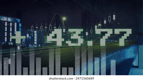 Image of financial data processing over cityscape. Global business, finances, computing and data processing concept digitally generated image.