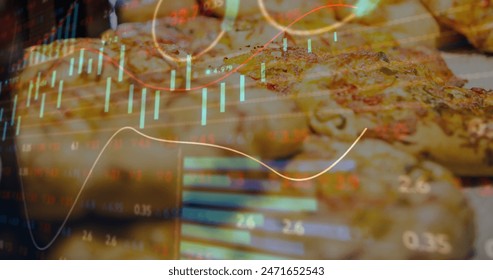 Image of financial data processing over food. Global business, finances, computing and data processing concept digitally generated image.