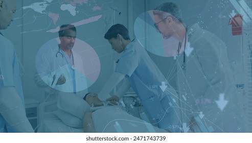 Image of financial data processing over diverse doctors. Global medicine, business, finances, computing and data processing concept digitally generated image.