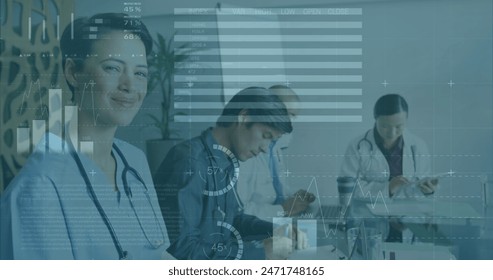 Image of financial data processing over diverse doctors. Global medicine, business, finances, computing and data processing concept digitally generated image.