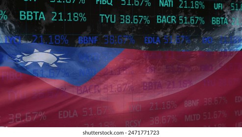 Image of financial data processing over flag of taiwan. Global business, finance, computing, digital interface and data processing concept digitally generated image.