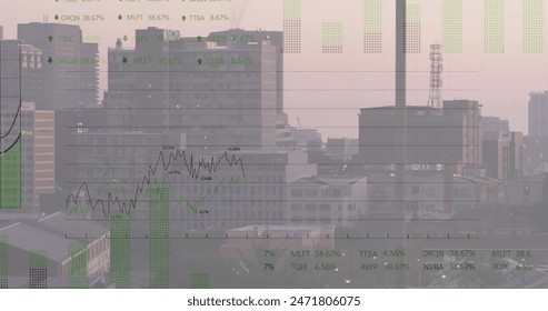 Image of financial data processing over cityscape. Global business, finances, computing and data processing concept digitally generated image.