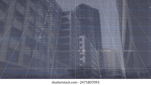 Image of financial data processing over cityscape. Global business, finance, computing and data processing concept digitally generated image.
