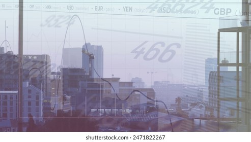 Image of financial data processing over cityscape. Global business, finance, computing and data processing concept digitally generated image.