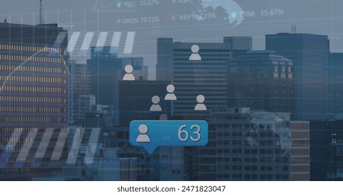 Image of financial data processing over cityscape. Global business, finance, computing and data processing concept digitally generated image.