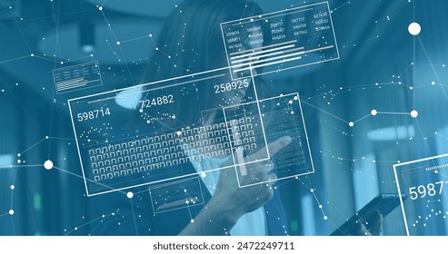 Image of financial data processing over caucasian businesswoman in office. Global business, finances, computing and data processing concept digitally generated image.