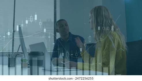 Image of financial data processing over diverse business people in office. Global computing, digital interface and data processing concept digitally generated image.