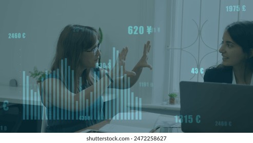 Image of financial data processing over diverse business people in office. Global computing, digital interface and data processing concept digitally generated image. - Powered by Shutterstock - Get 15% off with code: PIKWIZARD15