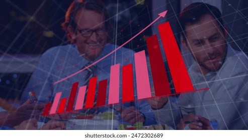 Image of financial data processing over diverse people in office. Global business, finance, digital interface and data processing concept digitally generated image.