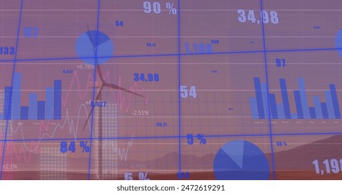 Image of financial data processing over wind turbine. Global wind energy, finance, business, connections, computing and data processing concept digitally generated image.