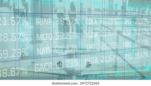 Image of financial data processing over businesspeople at airport. Global travel, business, finances, computing and data processing concept digitally generated image.