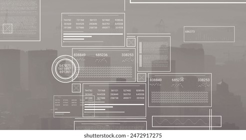 Image of financial data processing over cityscape. Global business, finances, computing and data processing concept digitally generated image.