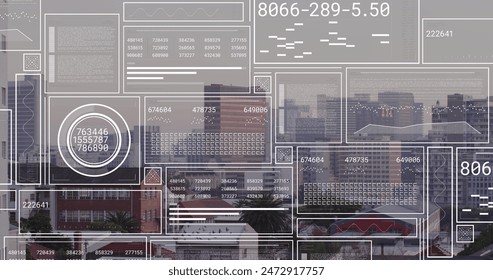 Image of financial data processing over cityscape. Global business, finances, computing and data processing concept digitally generated image.