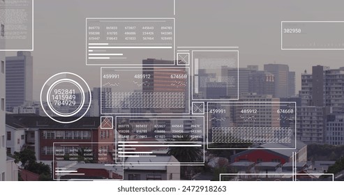 Image of financial data processing over cityscape. Global business, finances, computing and data processing concept digitally generated image.