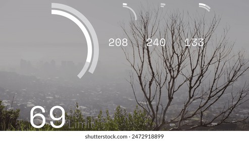 Image of financial data processing over cityscape. Global business, finances, computing and data processing concept digitally generated image.