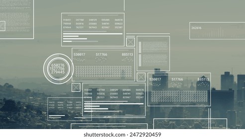 Image of financial data processing over cityscape. Global business, finances, computing and data processing concept digitally generated image.
