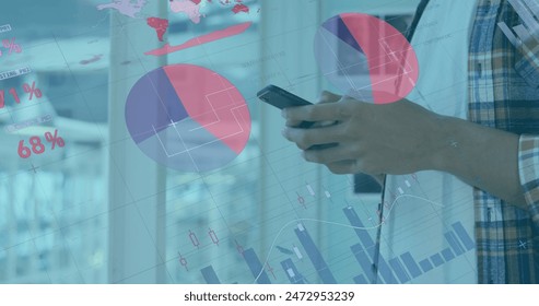 Image of financial data processing over caucasian businessman in office. Global computing, digital interface and data processing concept digitally generated image.