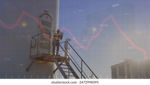 Image of financial data processing over engineer and wind turbine in countryside. Global environment, green energy and sustainability concept digitally generated image.