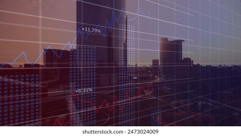 Image of financial data processing over cityscape. Global technology and digital interface concept digitally generated image.