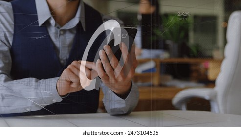 Image of financial data processing over caucasian businesswoman using smartphone in office. Global business, communication, computing and data processing concept digitally generated image.
