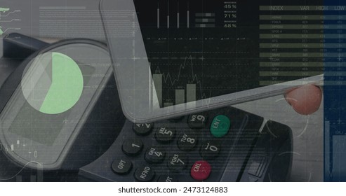 Image of financial data processing over smartphone and payment terminal. Global business, finance, online payment and data processing concept digitally generated image.