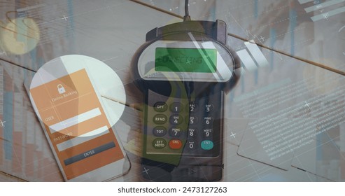 Image of financial data processing over smartphone and payment terminal. Global business, finance, online payment and data processing concept digitally generated image.