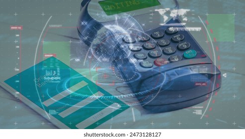 Image of financial data processing over smartphone and payment terminal. Global business, finance, online payment and data processing concept digitally generated image.