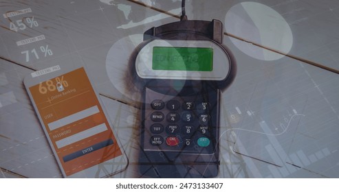 Image of financial data processing over smartphone and payment terminal. Global business, finance, online payment and data processing concept digitally generated image. - Powered by Shutterstock - Get 15% off with code: PIKWIZARD15