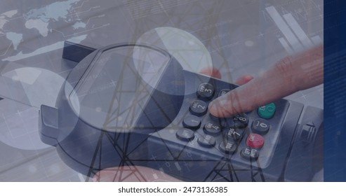 Image of financial data processing over woman using payment terminal. Global business, finance, online payment and data processing concept digitally generated image. - Powered by Shutterstock - Get 15% off with code: PIKWIZARD15