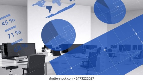 Image of financial data processing over office. Global connections, data processing and digital interface concept digitally generated image.