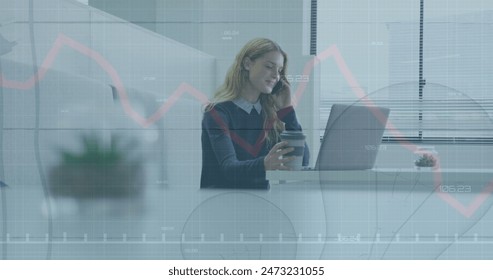 Image of financial data processing over caucasian businesswoman using computer in office. Global networks, computing, business, finance and data processing concept digitally generated image.