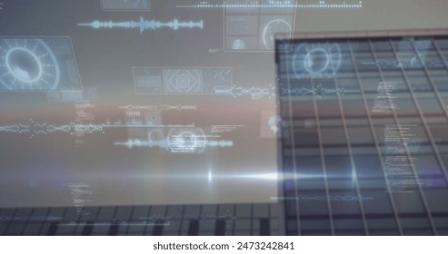 Image of financial data processing over cityscape with modern office buildings. Global business, finance, computing and data processing concept digitally generated image.