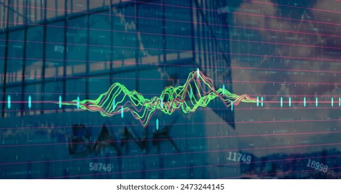 Image of financial data processing over cityscape with modern office buildings. Global business, finance, computing and data processing concept digitally generated image.