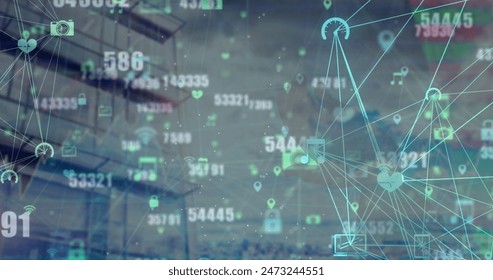Image of financial data processing over cityscape with modern office buildings. Global business, finance, computing and data processing concept digitally generated image.