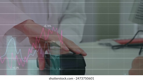 Image of financial data processing over person paying with credit card in pharmacy in the background. Global finance business interface concept digitally generated image.