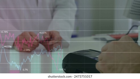 Image of financial data processing over person paying with credit card in pharmacy in the background. Global finance business interface concept digitally generated image.