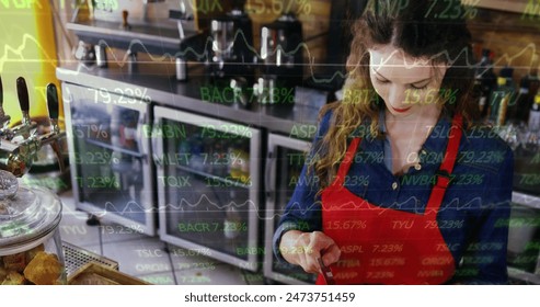 Image of financial data processing over woman holding paying terminal swiping credit card. global finance business interface concept digitally generated image. - Powered by Shutterstock