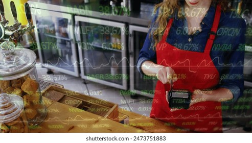 Image of financial data processing over woman holding paying terminal swiping credit card. global finance business interface concept digitally generated image. - Powered by Shutterstock