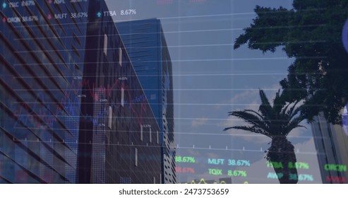 Image of financial data processing over office buildings and modern cityscape in the background. Global finance business interface concept digitally generated image.