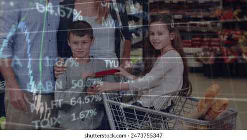 Image of financial data processing over family shopping in supermarket in the background. global finance business interface concept digitally generated image. - Powered by Shutterstock