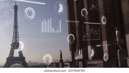 Image of financial data processing over paris cityscape. Global business, finances, computing and data processing concept digitally generated image.