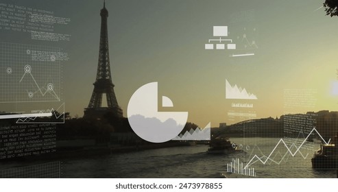 Image of financial data processing over paris cityscape. Global business, finances, computing and data processing concept digitally generated image.