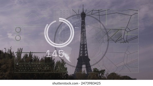 Image of financial data processing over paris cityscape. Global business, finances, computing and data processing concept digitally generated image.